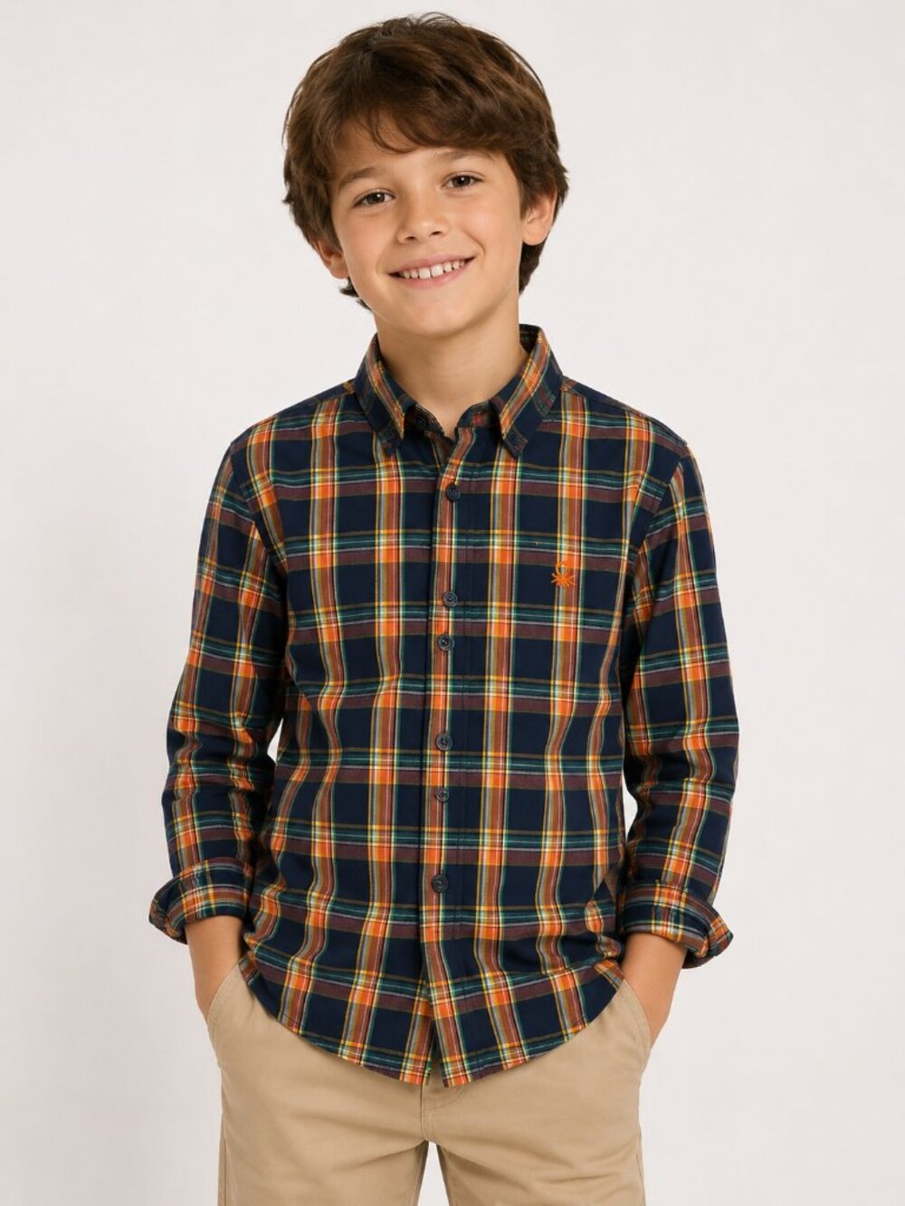 United Colors of Benetton Boys Plaid Button-Down Shirt Size Medium